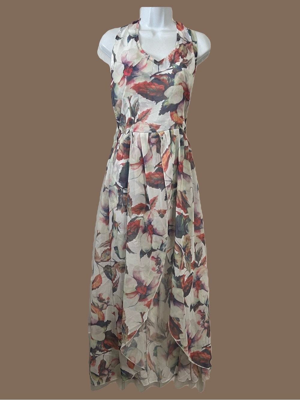 Sleeveless Floral Maxi Dress in Cream and Rust